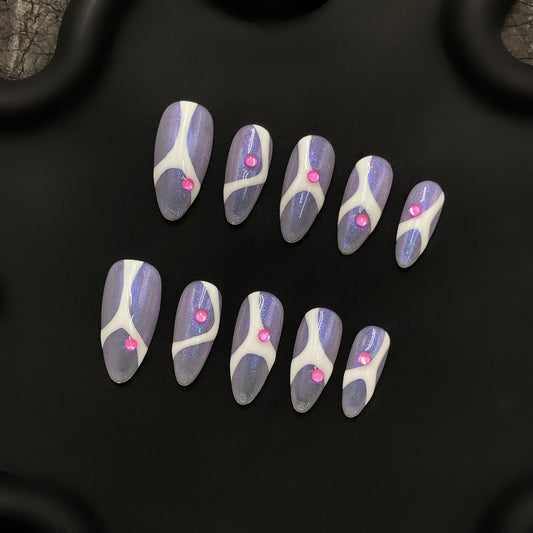 nail art, press-on nails, manicure, nail design, purple pink white accents rhinestones glitter stiletto glue on faux medium almond cool glam