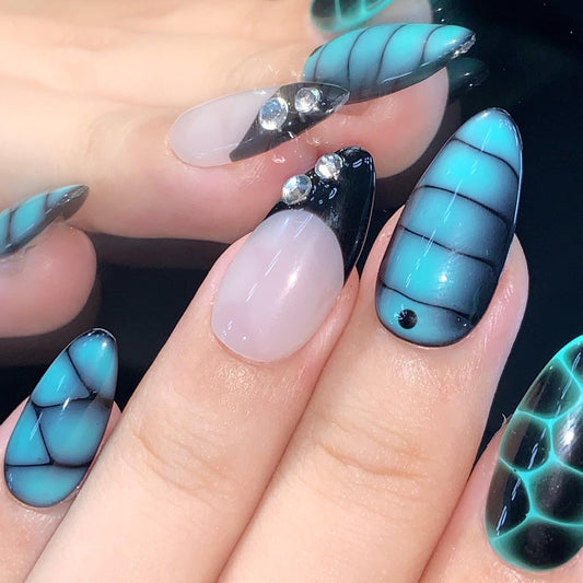 Teal Glow Grid Press-On Nails with Black Tips & Rhinestones Futuristic Glam Nail Set Artificial reusable fake glue on faux manicure nail art