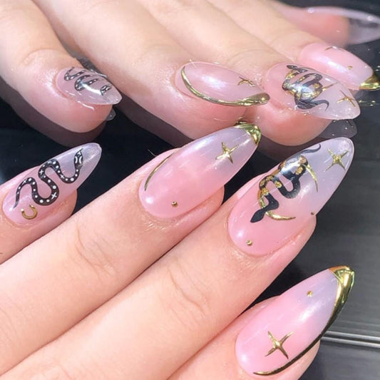 Mystic Snake & Moon Press-On Nails – Nude Almond Set with Gold Accents Artificial reusable fake glue on faux manicure nails trendy art