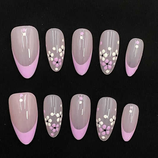 Lilac French Tip Press-On Nails with Polka Dot Flower Accents–Soft Spring Floral Nail Set Artificial reusable fake glue on faux nails art