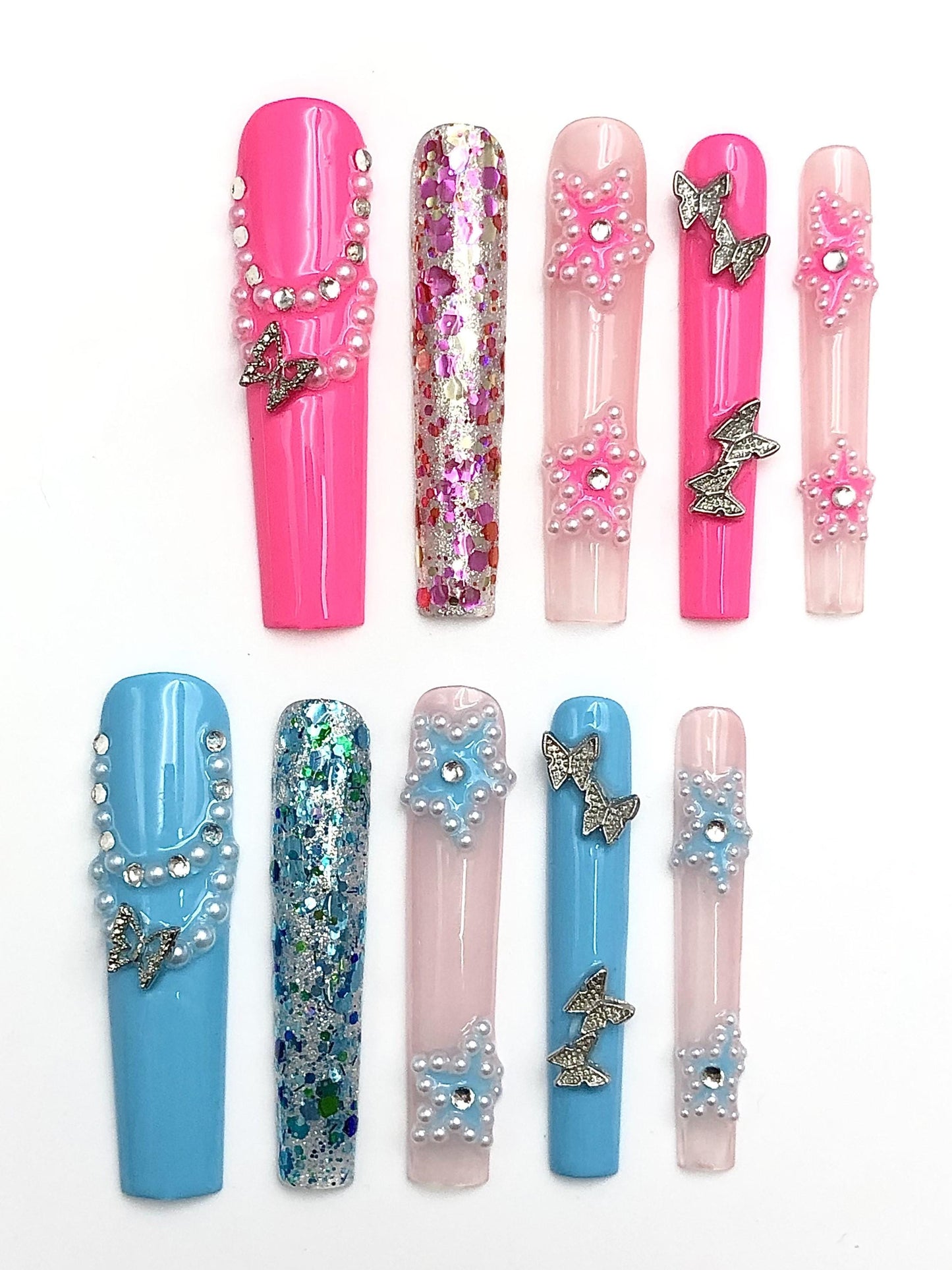 Kawaii Pearl Glitter Press-On Nails with Butterfly Charms–Pink&Blue Extra Long Nail Set Artificial reusable fake glue on manicure nails art