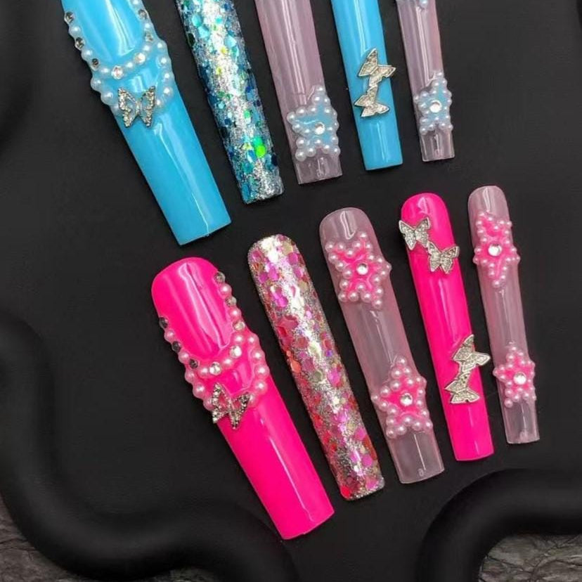 Kawaii Pearl Glitter Press-On Nails with Butterfly Charms–Pink&Blue Extra Long Nail Set Artificial reusable fake glue on manicure nails art