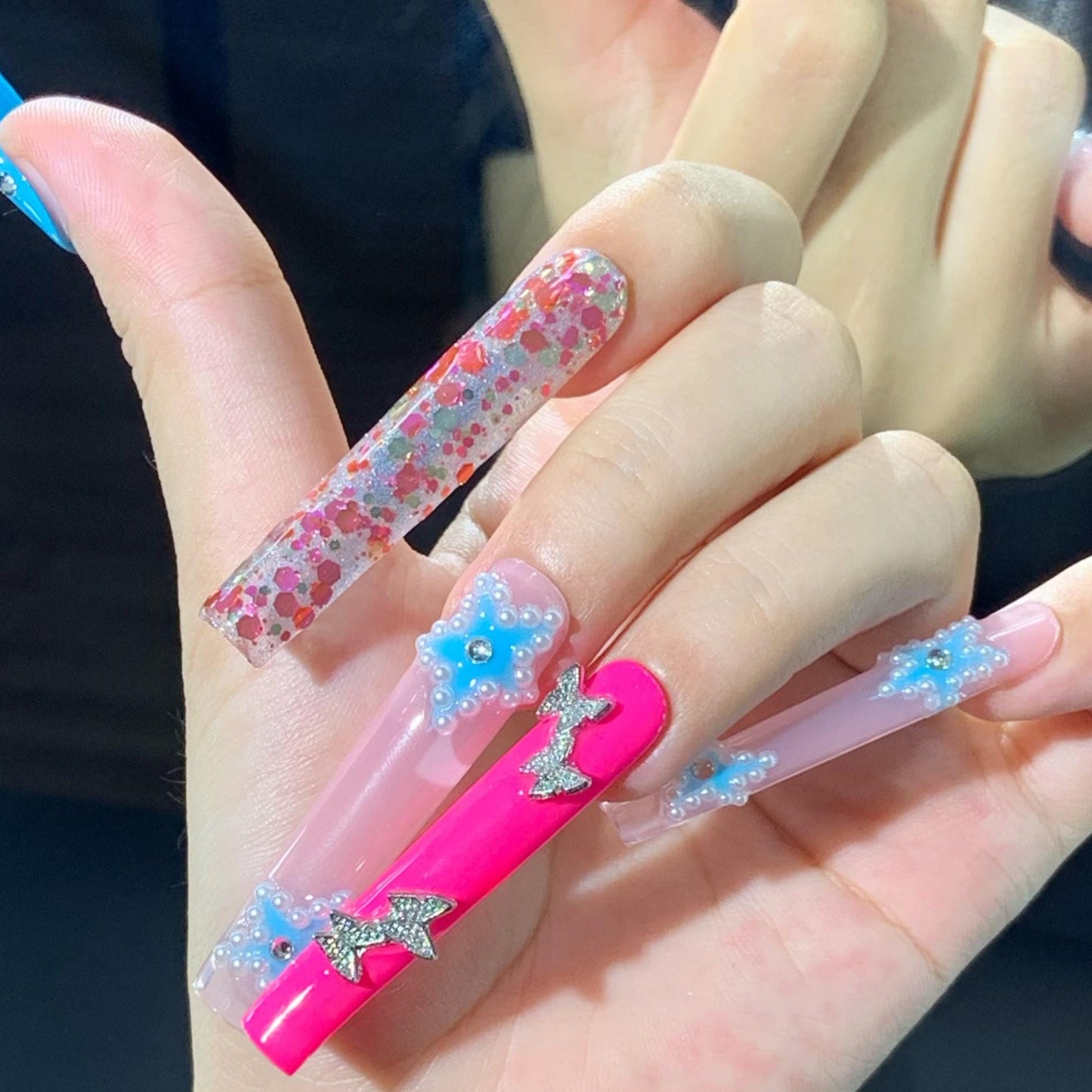 Kawaii Pearl Glitter Press-On Nails with Butterfly Charms–Pink&Blue Extra Long Nail Set Artificial reusable fake glue on manicure nails art
