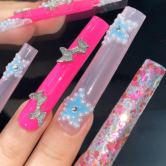 Kawaii Pearl Glitter Press-On Nails with Butterfly Charms–Pink&Blue Extra Long Nail Set Artificial reusable fake glue on manicure nails art