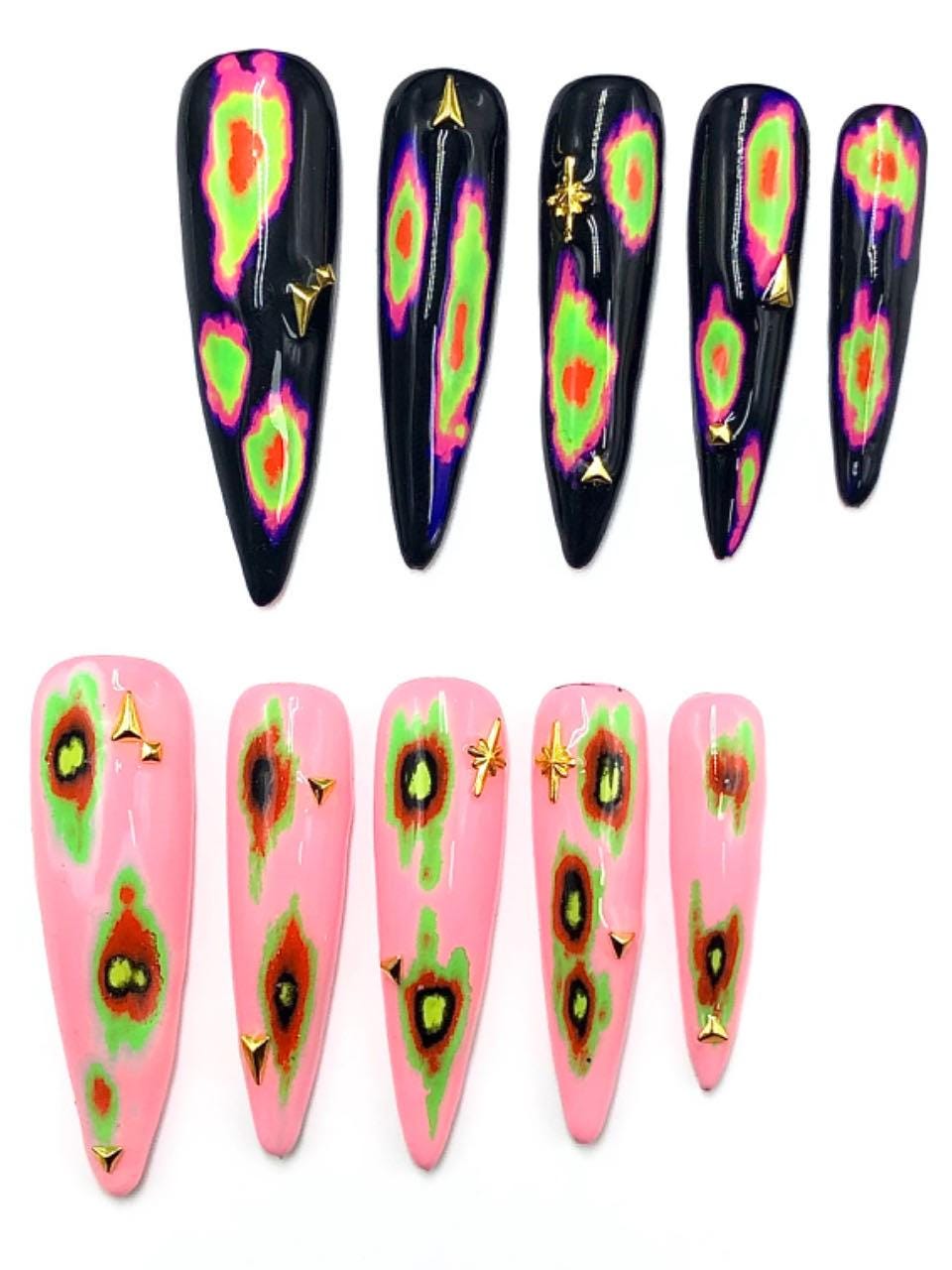 Heat Map Press-On Nails – Trippy Neon Psychedelic Nail Set with Gold Studs Artificial reusable fake glue on faux manicure nails trendy art