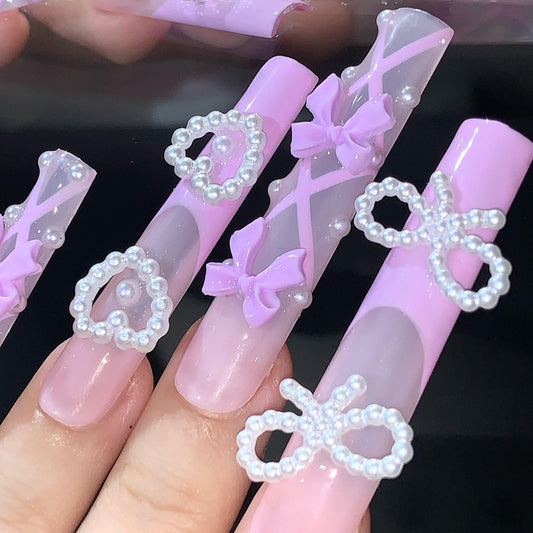 Lavender Balletcore Press-On Nails with Bows & Pearls – Lace-Up Ribbon Nail Set Artificial reusable fake glue on manicure nails art