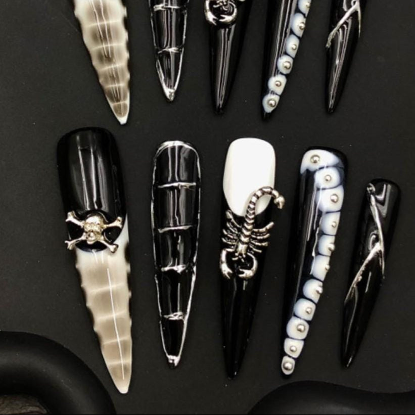 Dark Venom Press-On Nails Black & White Gothic Set with Scorpion and Skull Charms Manicure glue on artificial fake faux reusable trendy nail