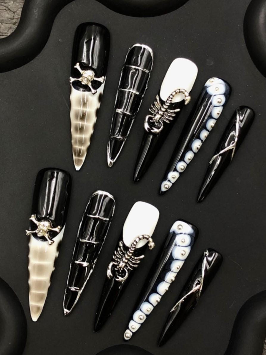 Dark Venom Press-On Nails Black & White Gothic Set with Scorpion and Skull Charms Manicure glue on artificial fake faux reusable trendy nail