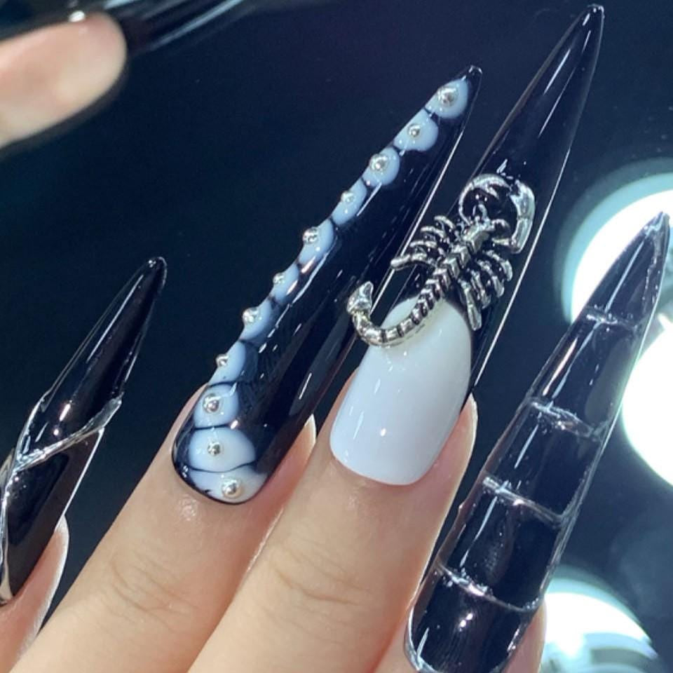 Dark Venom Press-On Nails Black & White Gothic Set with Scorpion and Skull Charms Manicure glue on artificial fake faux reusable trendy nail