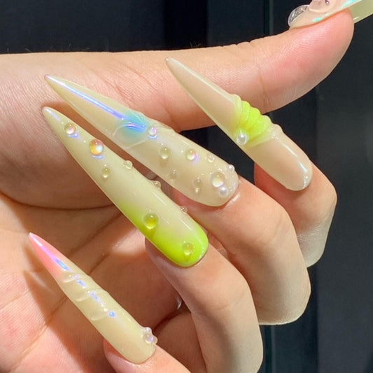 Iridescent Floral Press-On Nails 3D Pearlized Pastel Nail Set with Cherry Blossoms Artificial reusable fake glue on faux manicure nails art