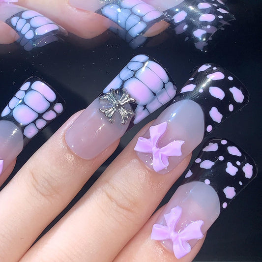 Pastel Goth Eye & Bow Press-On Nails  Pink  Black with 3D Charms and Grid Design Manicure glue on artificial fake faux reusable trendy nail