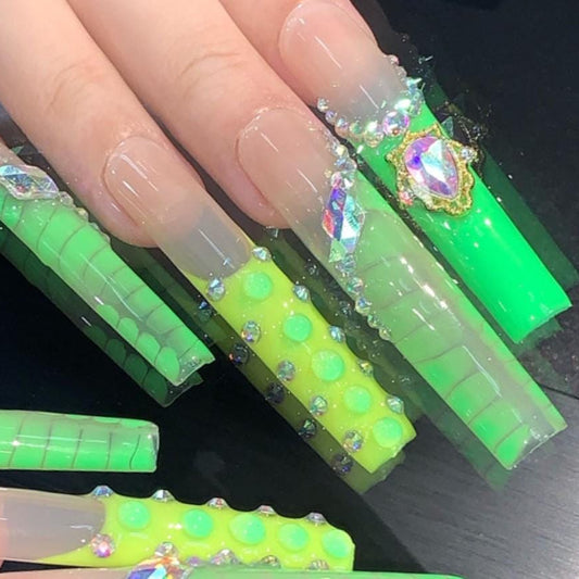 Neon Green & Nude Press-On Nails with 3D Jewels Luxe Slimecore Glam Nail Set Artificial reusable fake glue on faux manicure nails trendy art