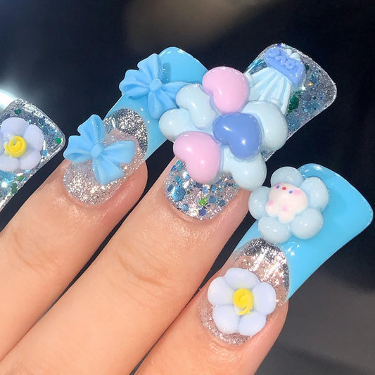 Baby Blue Dream Press-On Nails – Glitter Base with 3D Bows, Clouds & Hearts Manicure glue on artificial fake faux reusable trendy nail