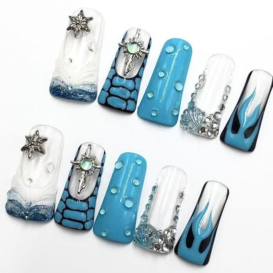 Arctic Ocean Vibe Press-On Nails Blue Fantasy Set with 3D Charms & Water Droplets Manicure glue on artificial fake faux reusable trendy nail