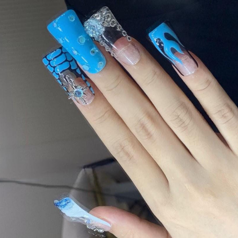 Arctic Ocean Vibe Press-On Nails Blue Fantasy Set with 3D Charms & Water Droplets Manicure glue on artificial fake faux reusable trendy nail