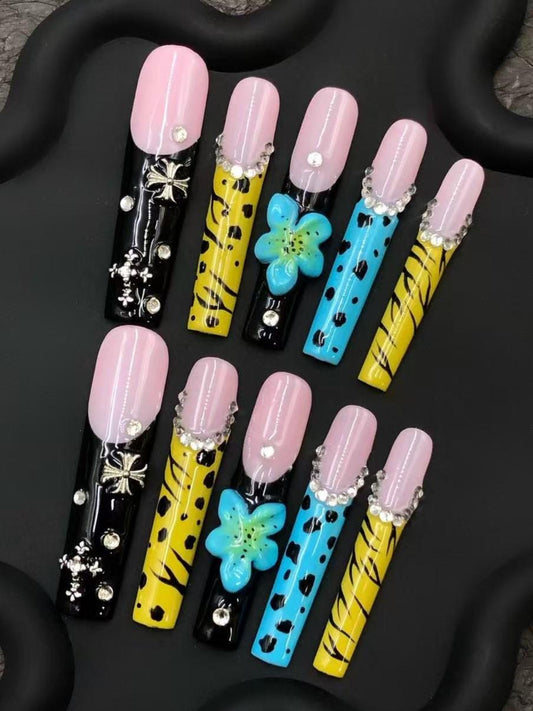 Wild Glam Press-On Nails with Animal Print, Rhinestones & 3D Flowers – Safari Y2K Nail Set Artificial reusable fake glue on faux  nails art