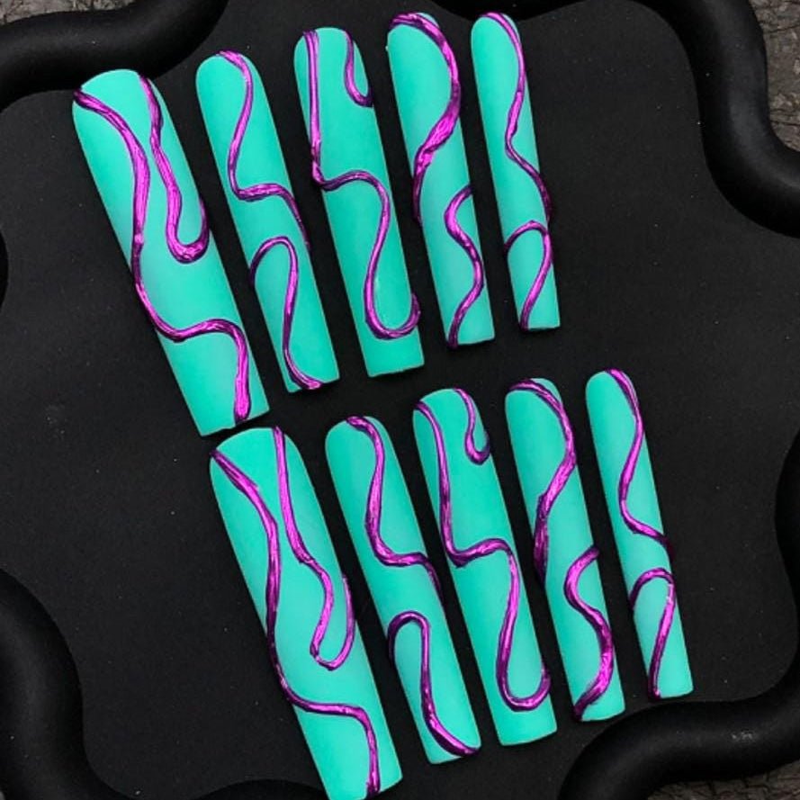 Teal Matte Press-On Nails with Metallic Purple Abstract Swirls Modern Minimalist Nail Set Artificial reusable fake glue on faux nails  art