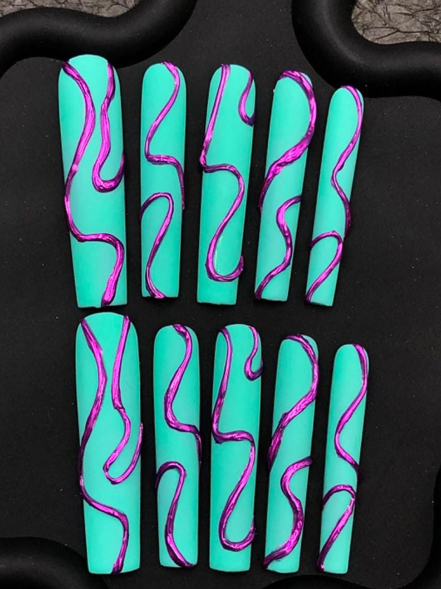 Teal Matte Press-On Nails with Metallic Purple Abstract Swirls Modern Minimalist Nail Set Artificial reusable fake glue on faux nails  art