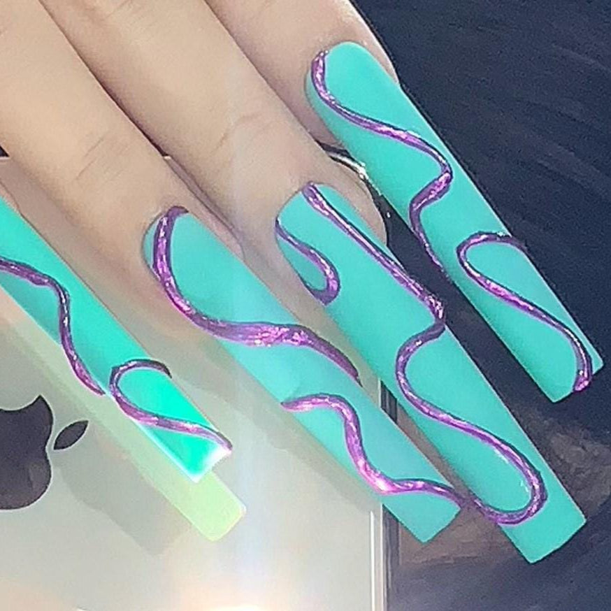 Teal Matte Press-On Nails with Metallic Purple Abstract Swirls Modern Minimalist Nail Set Artificial reusable fake glue on faux nails  art