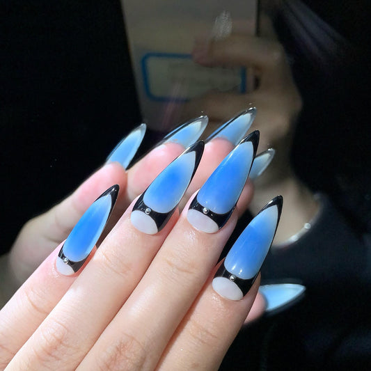 Blue Chrome Press On Hand Painted Nails Long Stiletto Nails with Black Edge Design, Glossy Gradient Nails, Futuristic Statement Nail Set