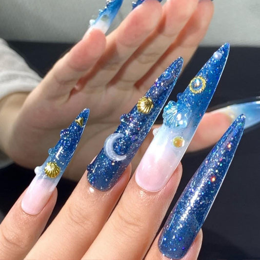 Ocean Galaxy Glitter Press-On Nails Mermaid core Stiletto Set with Moon& Shell Charms Artificial reusable fake glue on faux nails trendy art