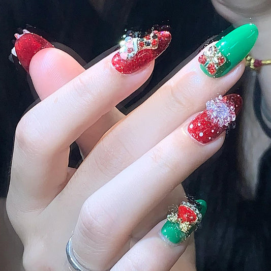 Cute Christmas Press On Hand Painted Nails – Red and Green Festive Nails with 3D Santa, Gifts, Bells and Snowflakes, Holiday Glitter Nail