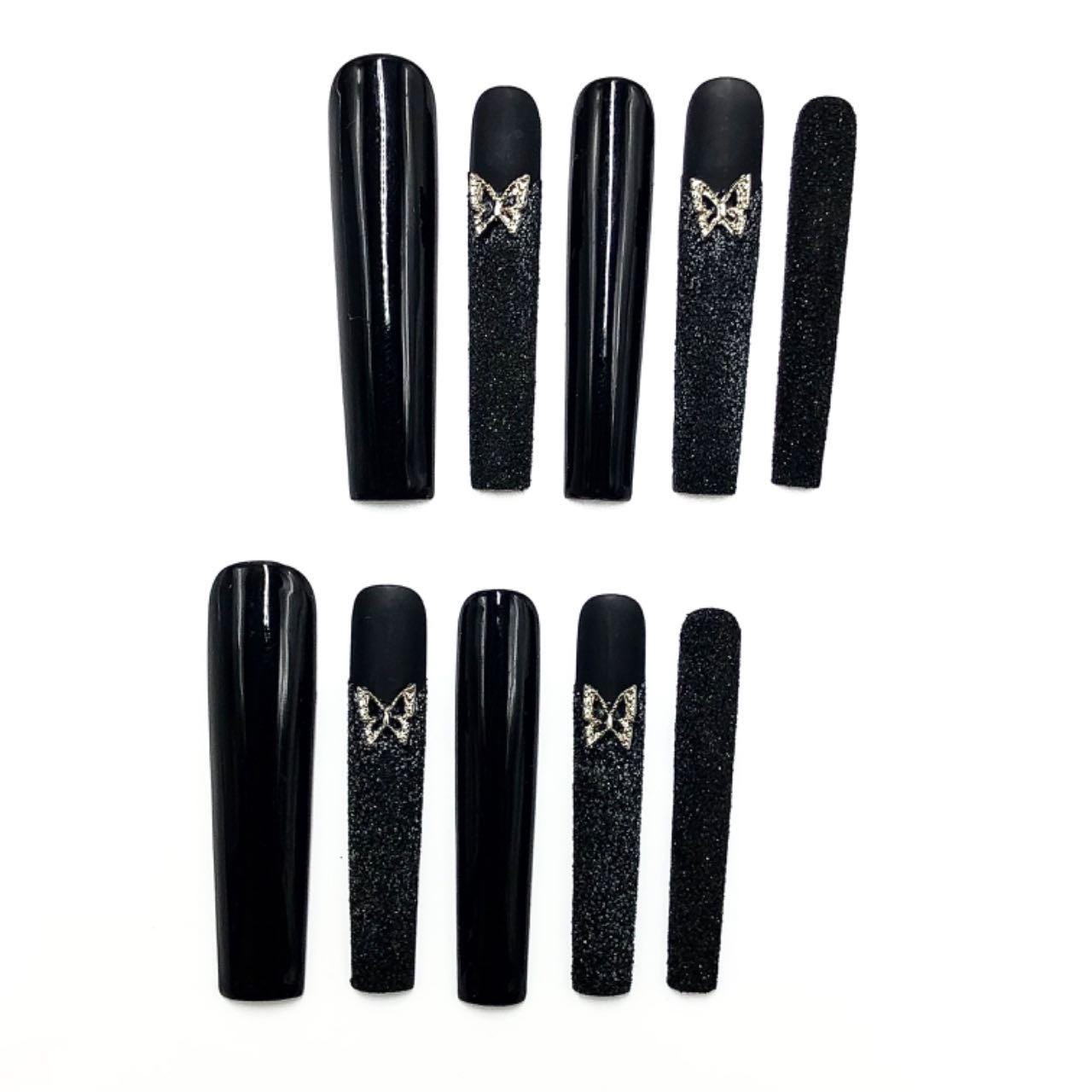 Black Velvet Butterfly Press-On Nails – Matte & Glossy Texture Long Nail Set Artificial reusable fake glue on faux manicure nails trendy art