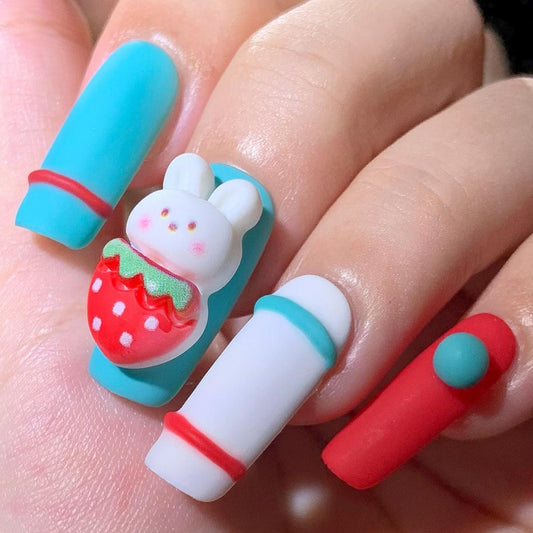 Cute Strawberry Bunny Press-On Nails – Matte Kawaii Cartoon Style Manicure glue on artificial fake faux reusable trendy nail
