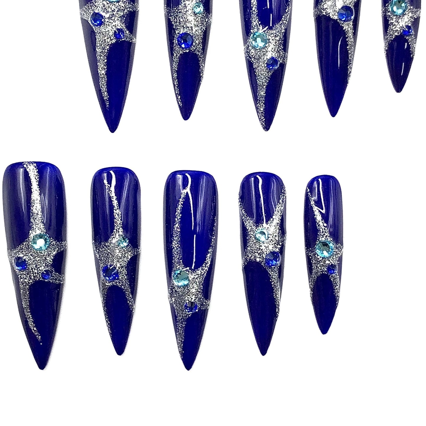 Midnight Galaxy Press-On Nails – Royal Blue with Silver Glitter & Rhinestones Manicure glue on artificial fake faux reusable trendy nail