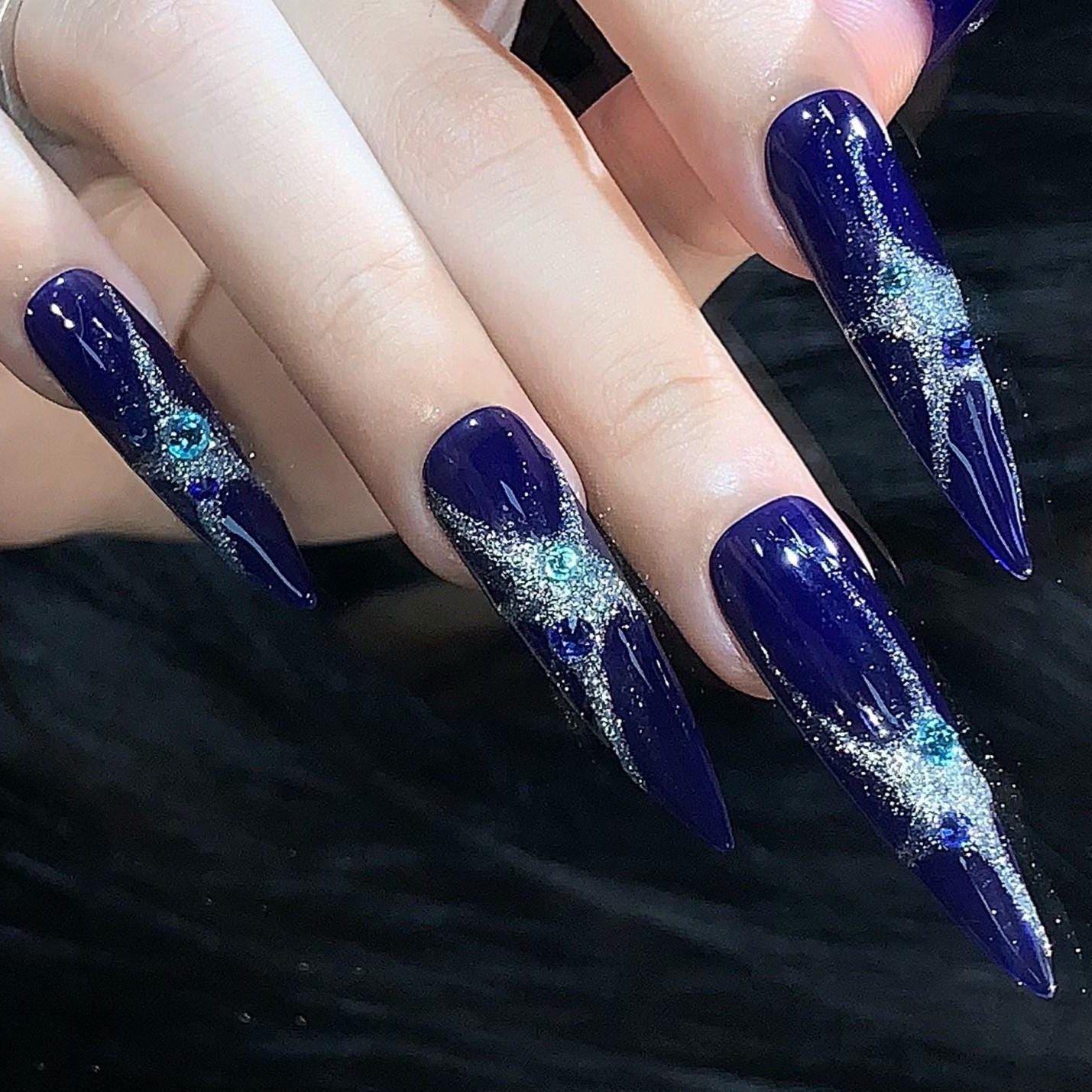 Midnight Galaxy Press-On Nails – Royal Blue with Silver Glitter & Rhinestones Manicure glue on artificial fake faux reusable trendy nail