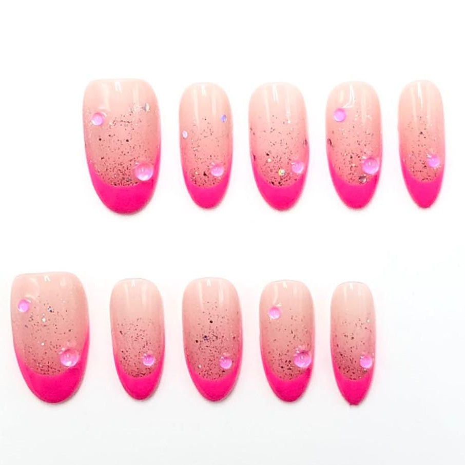 Hot Pink Splash Press On Nails – Glitter Gradient with Droplet Gems Artificial reusable fake glue on faux manicure nails trendy art