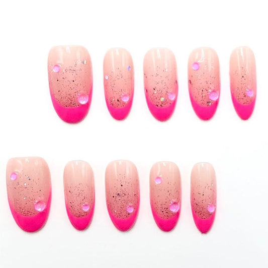 Hot Pink Splash Press On Nails – Glitter Gradient with Droplet Gems Artificial reusable fake glue on faux manicure nails trendy art