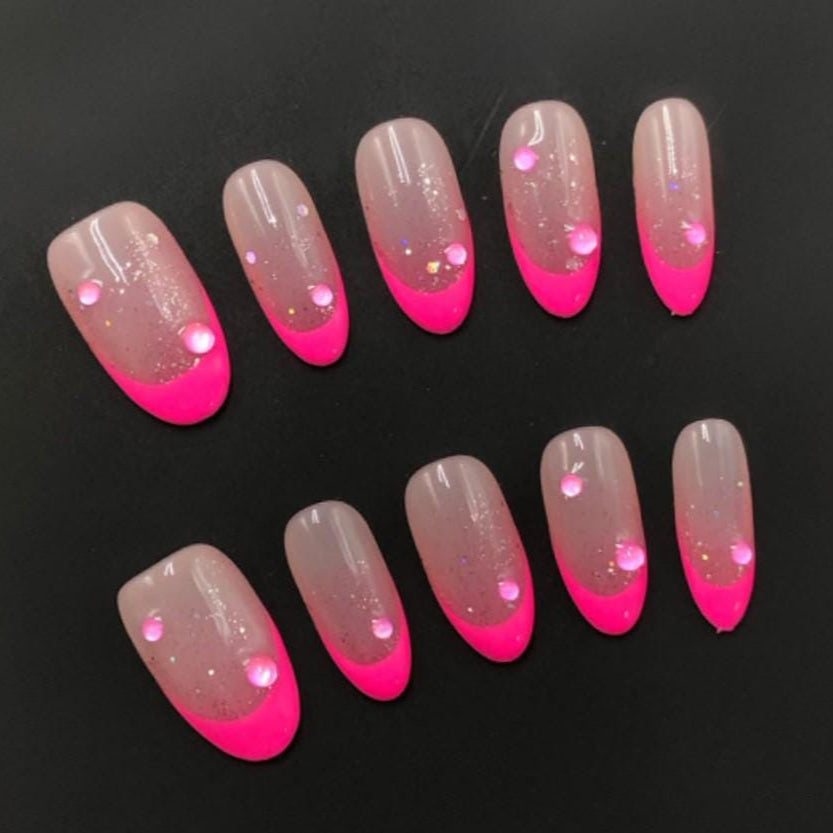 Hot Pink Splash Press On Nails – Glitter Gradient with Droplet Gems Artificial reusable fake glue on faux manicure nails trendy art