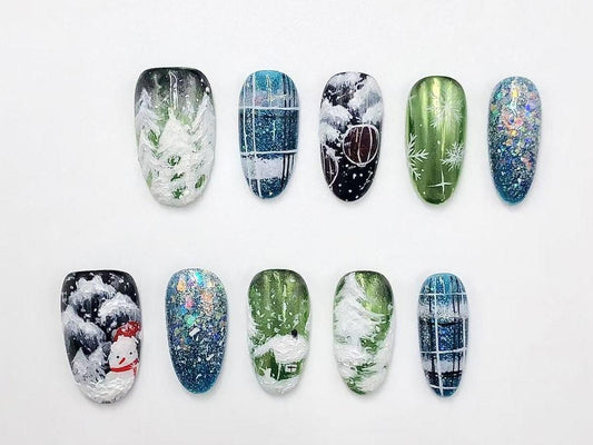 Winter Wonderland Hand-Painted Press-On Nails – Snowy Forest & Holiday Magic Artificial reusable fake glue on faux manicure nails trendy art