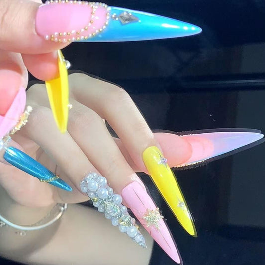 Pastel Princess Glam Press-On Nails – Pink, Yellow & Blue with Pearls Rhinestones Manicure glue on artificial fake faux reusable trendy nail