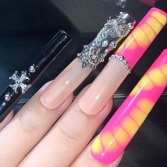 Hot Neon Swirl Press-On Nails – Mixed Set with Nude, Chrome & Gothic Charms Manicure glue on artificial fake faux reusable trendy nail