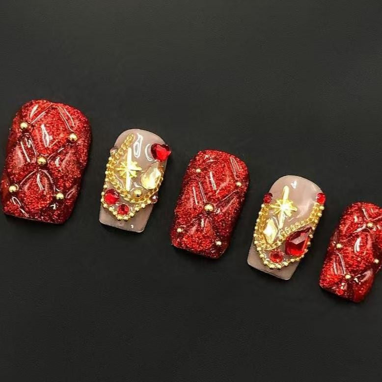 Red Glitter Knit Texture Press-On Nails with Gold & Gem Accents Artificial reusable fake glue on faux manicure nails trendy art