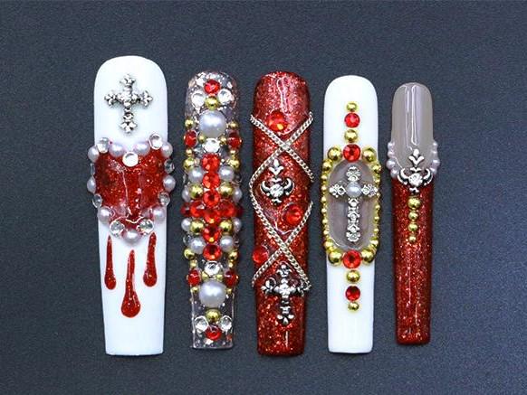 Gothic Royal Press-On Nails – Red Gold White with Crosses Hearts & Pearls Manicure glue on artificial fake faux reusable trendy nail
