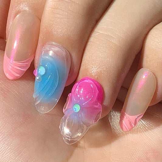 Cotton Candy Swirl Press-On Nails with Jelly Bow Charms Artificial reusable fake glue on faux manicure nails trendy art