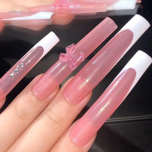 Cute Cat & Bow French Tip Press-On Nails – Pink Nude Shimmer Long Set