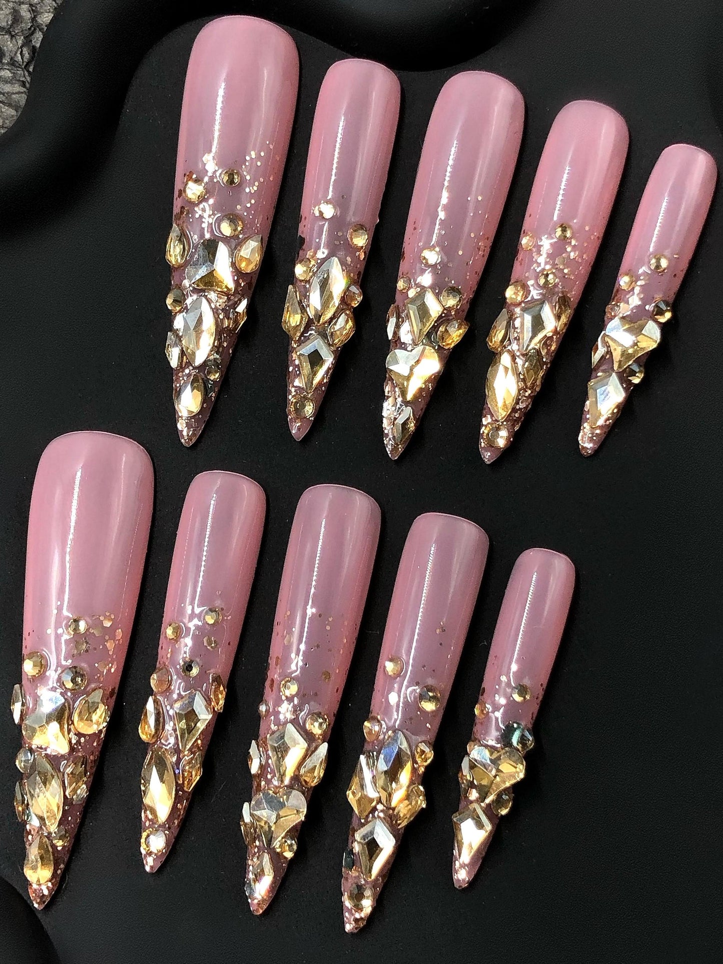 Rose Quartz Glam Press-On Nails – Pink with Gold & Crystal Rhinestones Manicure glue on artificial fake faux reusable trendy nail