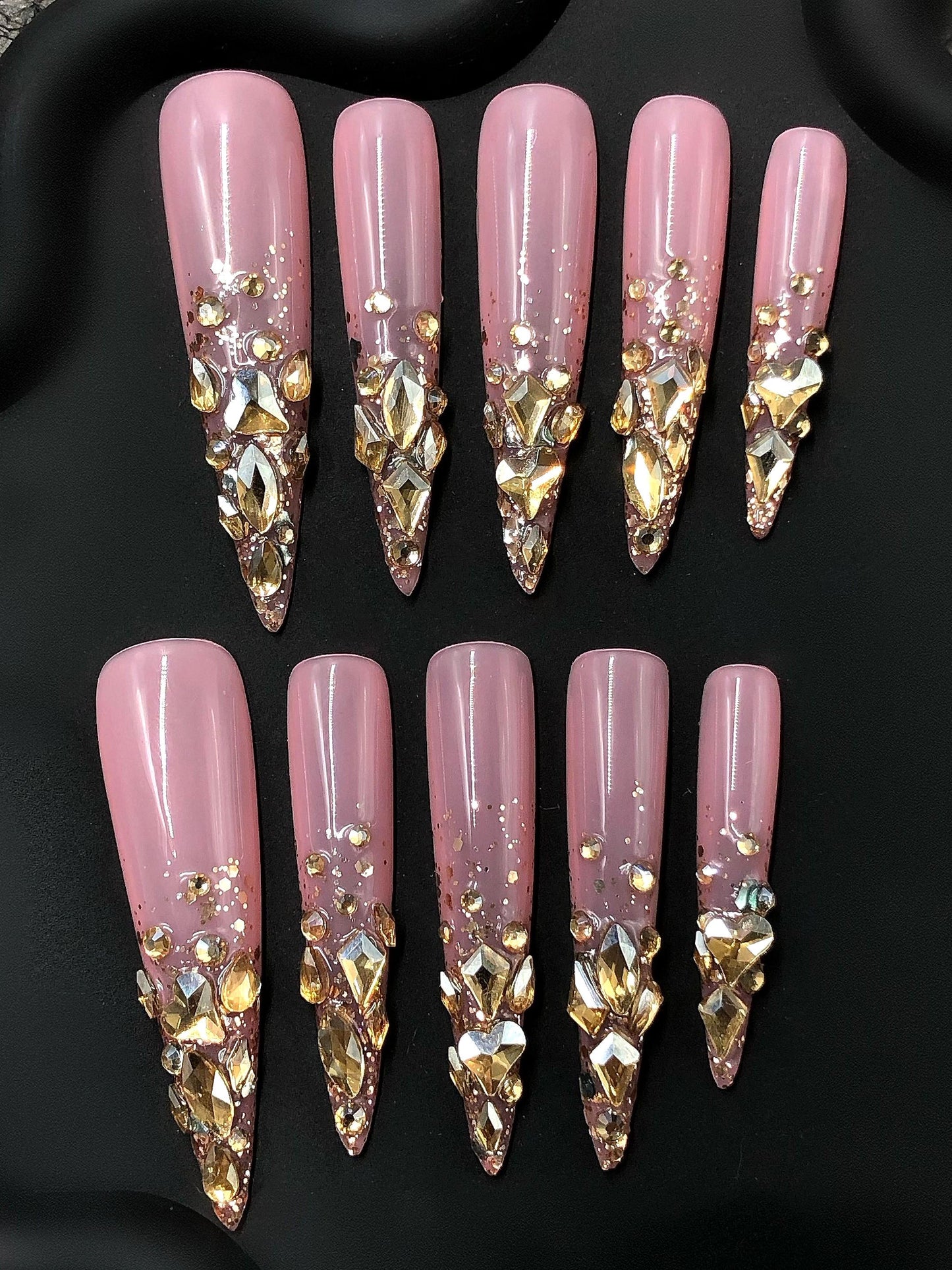 Rose Quartz Glam Press-On Nails – Pink with Gold & Crystal Rhinestones Manicure glue on artificial fake faux reusable trendy nail
