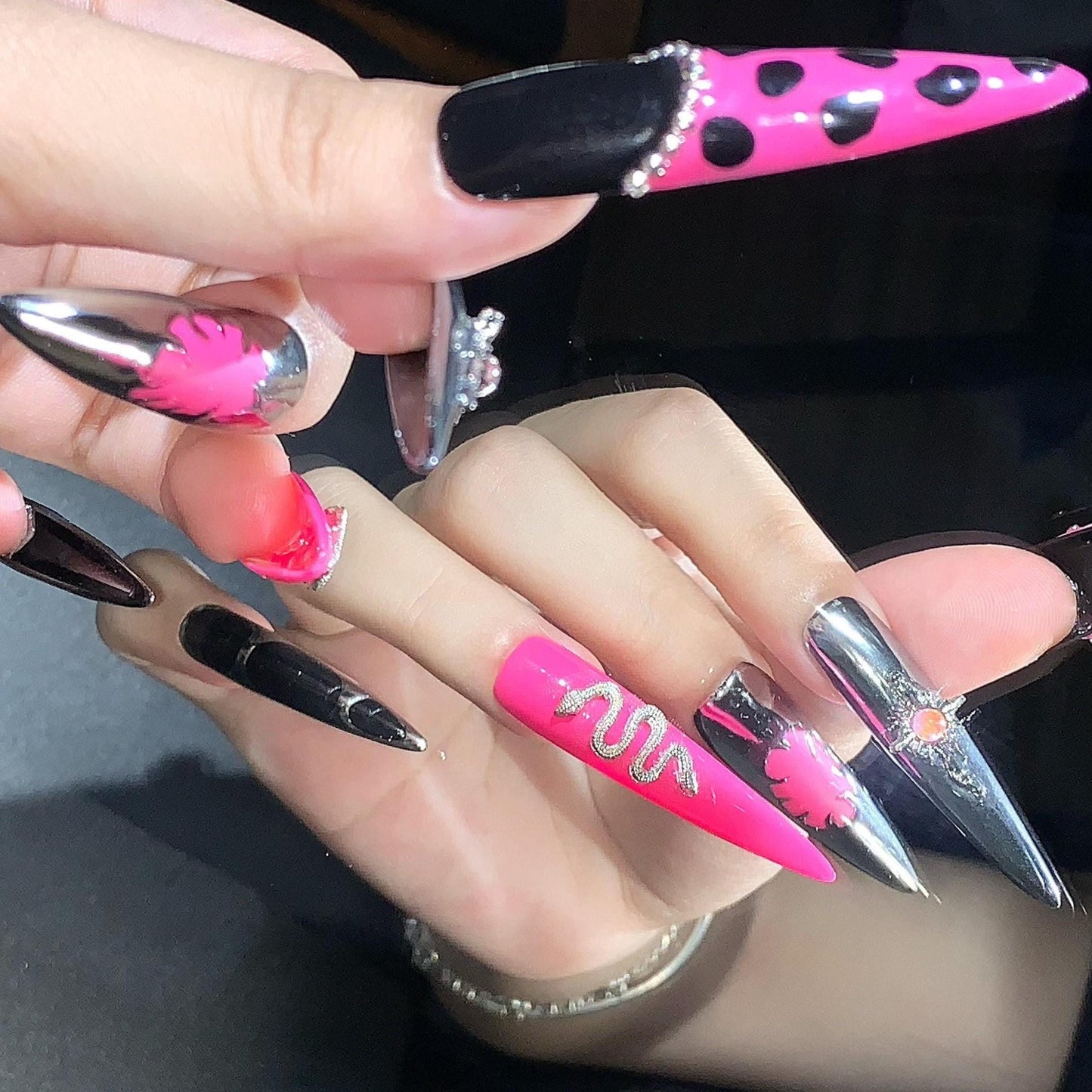 Chrome Punk Press-On Nails – Hot Pink Black Silver with Crosses Snakes & Chains Manicure glue on artificial fake faux reusable trendy nail