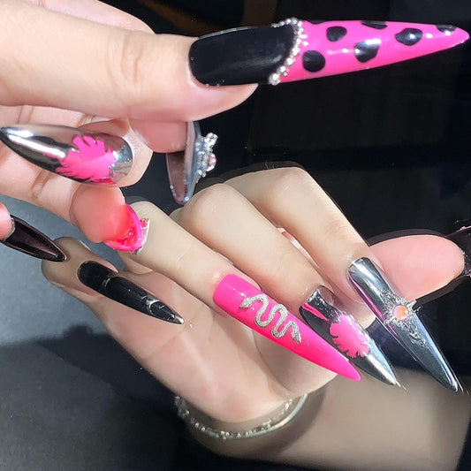 Chrome Punk Press-On Nails – Hot Pink Black Silver with Crosses Snakes & Chains Manicure glue on artificial fake faux reusable trendy nail