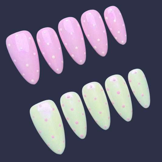 Pastel Polka Dot Press-On Nails – Pink & Mint Green Cute Dot Design Artificial reusable fake glue on faux manicure nails trendy art