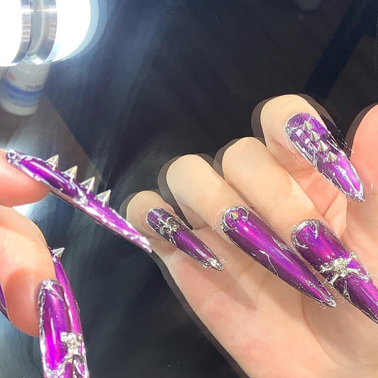Metallic Gothic Press-On Nails – Purple Chrome with Skulls & Cross Charms Manicure glue on artificial fake faux reusable trendy nail