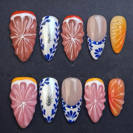 Boho Citrus Bloom Press-On Nails – Hand-Painted Fruit & Floral Art Artificial reusable fake glue on faux manicure nails trendy art