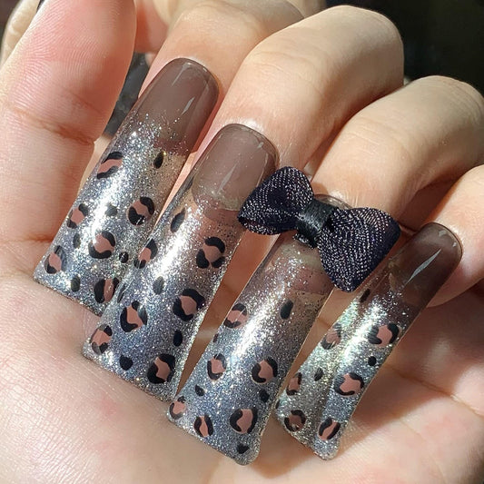 Glitter Leopard Print Press-On Nails – Silver Ombre with Black Bow Accents Manicure glue on artificial fake faux reusable trendy nail