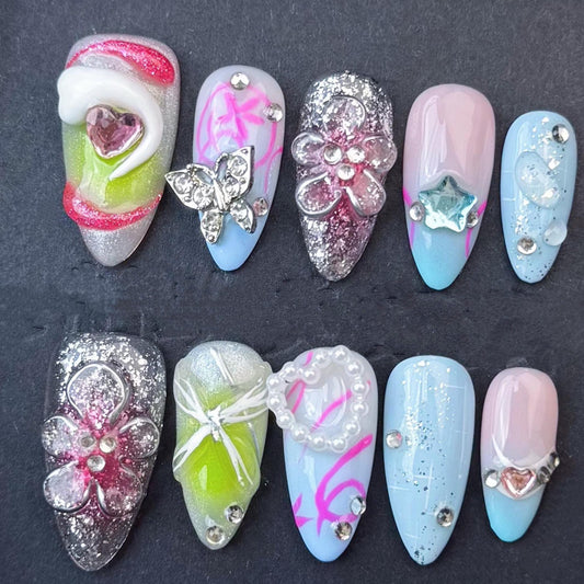 Whimsical Glitter Dreams Press-On Nails – Pearls, Stars & 3D Charms Artificial reusable fake glue on faux manicure nails trendy art