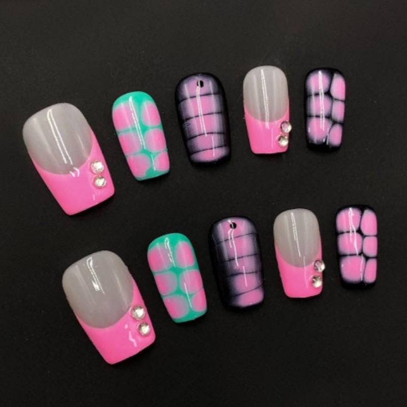 Retro Grid & Pop Dot Press-On Nails – Pink Gray Teal with Rhinestone Accents Manicure glue on artificial fake faux reusable trendy nail